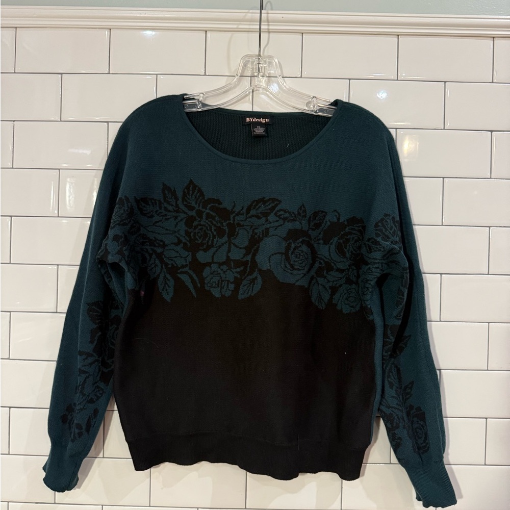 Bill Blass Teal/Green and Black Floral Sweater